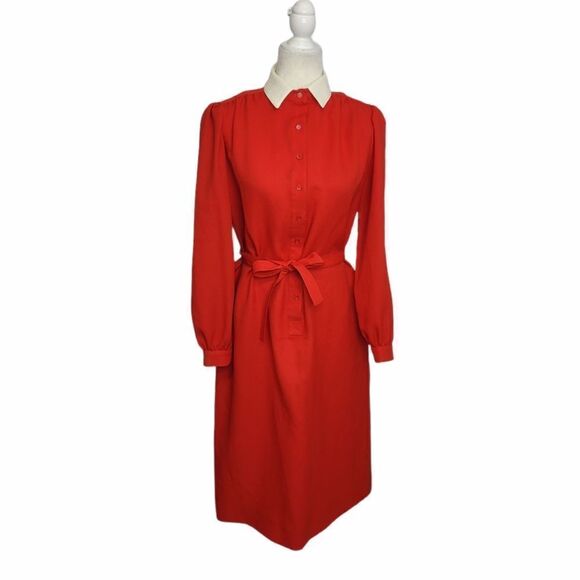 VINTAGE 70s red‎ removable collar button up academia midi dress M - Picture 1 of 11